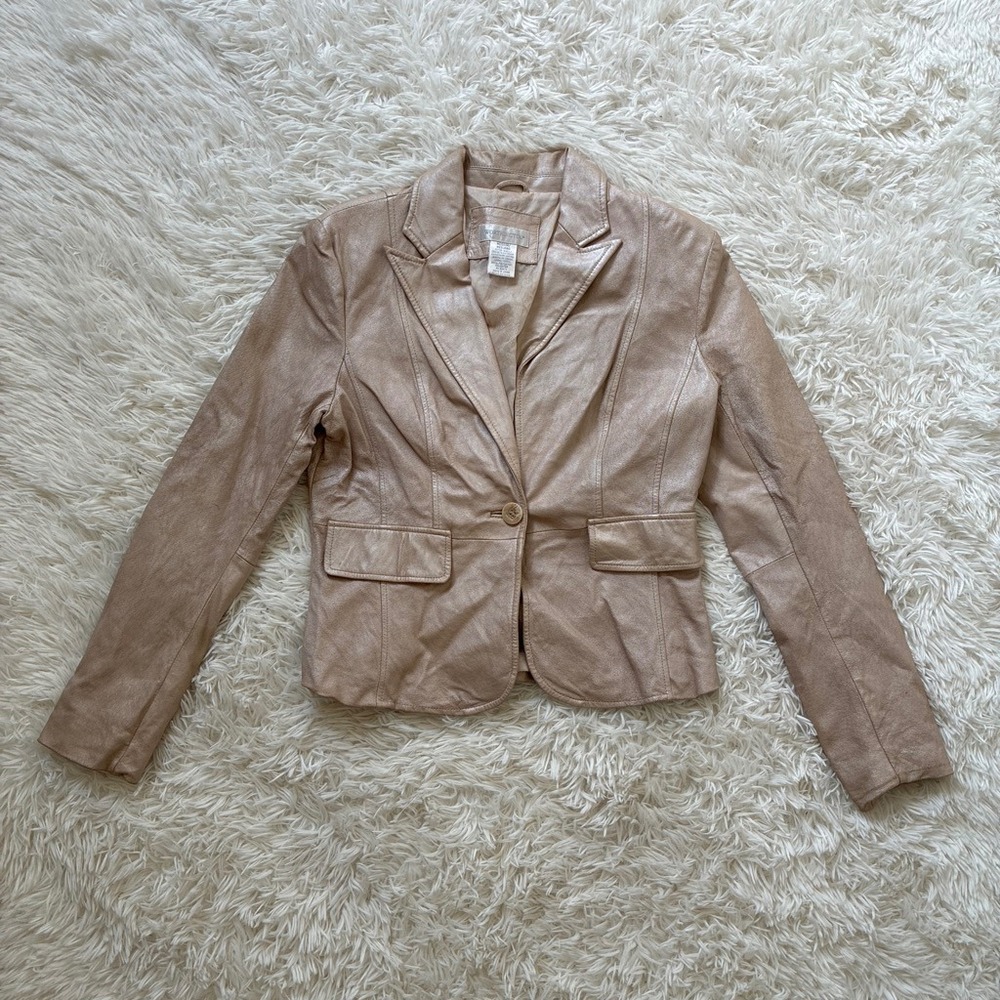 Worthington Metallic Champagne Beige Genuine Leather Blazer Jacket Womens Medium